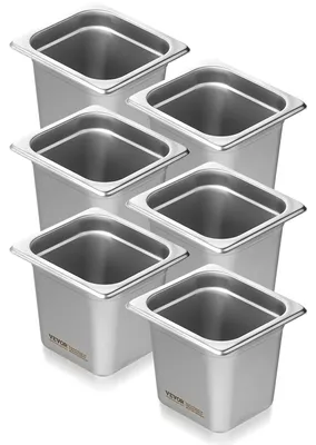 Produktbild von VEVOR 6er Pack Hotelpfannen, 1/6 Größe Anti-Jam Dampfpfanne, 0,8 mm dicke Edelstahl Restaurant Dampftablettpfanne, 6 Zoll tiefe gewerbliche Tischpfanne, Catering Lagerbehälter für Lebensmittel, für Industrie & Wissenschaft, 1/6 Größe, 2,42 L