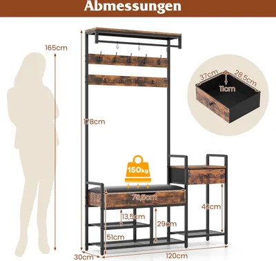 Immagine prodotto di COSTWAY Appendiabiti con scarpiera, appendiabiti alto 178 cm con scarpiera, 12 ganci, cassetto e ripiano, panca industriale da ingresso marrone