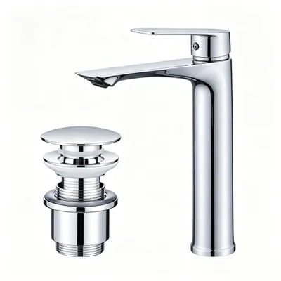 Produktbild von Homelody Chrom Wasserhahn Bad mit Universal Ablaufgarnitur Armatur Mischbatterie Waschbeckenarmatur mit Pop-Up Ventil Messing Überlauf Abflussgarnitur