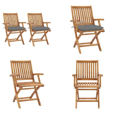 Produktbild von vidaXL Gartenstühle 2 Stk. mit Grauen Kissen Massivholz Teak - Gartenstuhl - Gartenstühle - Holz-Gartenstuhl - Holz-Gartenstühle