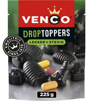 Zdjęcie produktu dla Cukierki lukrecjowe Venco Droptoppers 225g – Słodkie i mocne, idealne na przekąskę