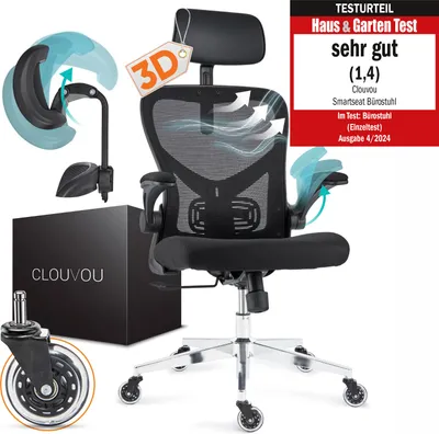 Produktbild von CLOUVO SmartSeat Schwarz Bürostuhl, ergonomischer Schreibtischstuhl, Chefsessel, Gaming Stuhl, Drehstuhl 150 kg [] individuell einstellbar