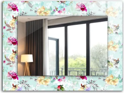 Produktbild von Dekorativer Wandspiegel - Bedruckter Spiegel - Motiv - 80x60 cm - Blumen Und Vögel