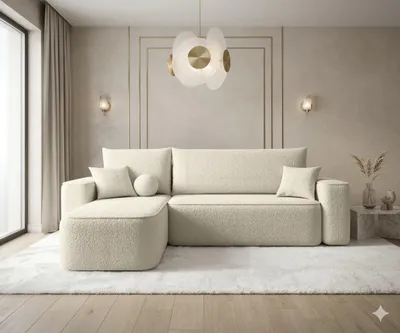 Image de Canapé d’angle TEXAS gauche beige bouclé Quelle 3 - fonction couchage, coffre de rangement pour la literie