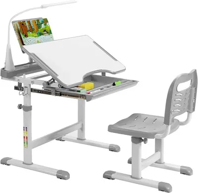 Imagen del producto de Escritorio infantil regulable en altura, con superficie inclinable, cajón, soporte para libros y luz LED. (Color: Gris)