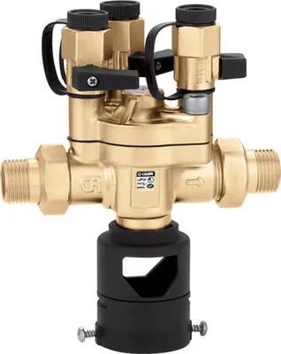 A brass plumbing valve with black accents, isolated on a white background.