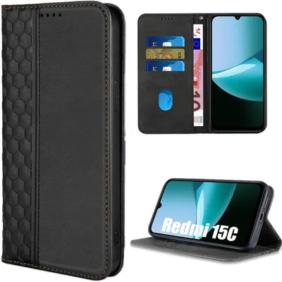 Image de Coque pour Xiaomi Redmi 15C 4G/5G - Protection Cuir Synthétique Antichoc Motif Mosaïque - Noir