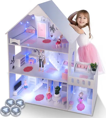 Produktbild von Puppenhaus Holz Großes, Barbie Puppenhaus - 57 Zubehörteile enthalten, Barbiehaus aus Holz, LED-Licht, Kinderplay Green Series