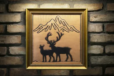 Produktbild von CopperAndCraft Kupfer Wandbild Hirsch und Berge, Handgefertigtes Metallkunstwerk mit Holzrahmen, Für Wohnzimmer Kamin oder Chalet Dekoration