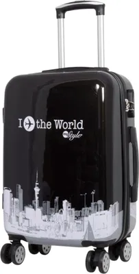 A black suitcase with a city skyline graphic and text.