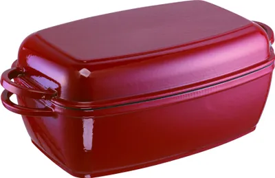 Produktbild von Schulte Ufer Gusseisen Bräter Rustika, Rot, 40x21 cm, 5 L, Schmortopf & Auflaufform, für alle Herdarten inkl. Induktion, Bratspiegel im Grillboden, energieeffizient, Art.-Nr. 1664-32 r