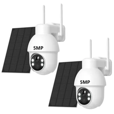 Two white wireless security cameras with solar panels are shown against a white background.