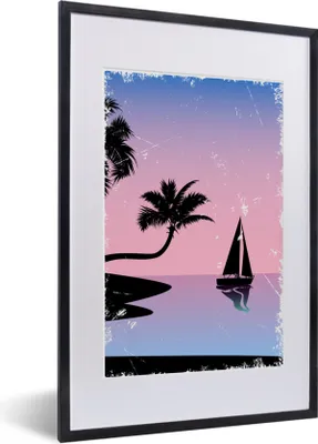 Produktbild von MuchoWow® MuchoWow® Gerahmtes Poster Boot - Palme - Nacht - Sommer 40x60 cm - Poster mit zchwarzem Bilderrahmen - Poster in Rahmen