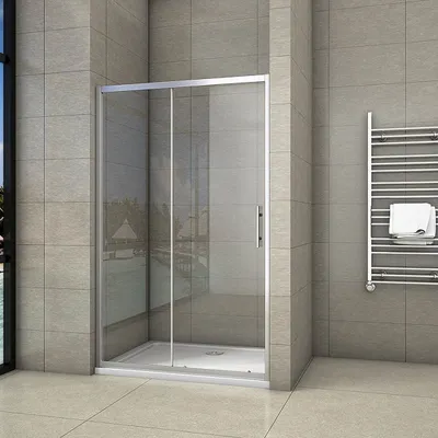 A modern bathroom with a sliding shower door and a towel rack.