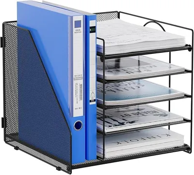 Produktbild von PolkaHome® Büroorganizer A4 Metall Drahtkorb 6 Fächer Schreibtisch Organizer Ablage Ordner Zeitschriftenhalter Schwarz