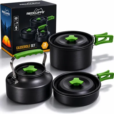 Produktbild von Camping Kochtopfset 3 in 1 Leichtes Aluminium Topfset für Gasherde