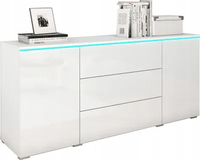 Obrázek produktu pro Komoda o šířce 150 cm do obývacího pokoje, s 3 zásuvkami a 2 skříňkami, bílá, matná/lesklá
