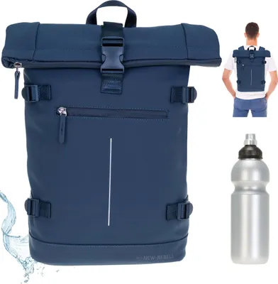 Produktbild von Rucksack Freizeitrucksack Herren Damen Roll Top Kurierrucksack Laptoprucksack New Rebels William groß A4 Geheimfach Anti-Theft Notebook Fach backpack 511306 02 Blau Blue Sea + Trinkflasche bagboom