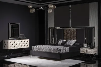 Productafbeelding van Slaapkamer: Complete bedset, 2 nachtkastjes, commode met spiegel, zwart