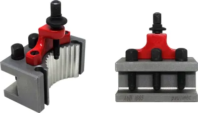 Two views of a metal tool holder.