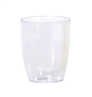 A clear plastic plant pot on a white background.