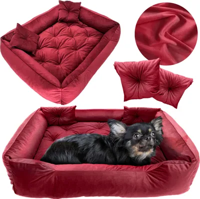 A collage of images showing a red velour dog bed with a small dog inside, as well as close-ups of the fabric and pillows.