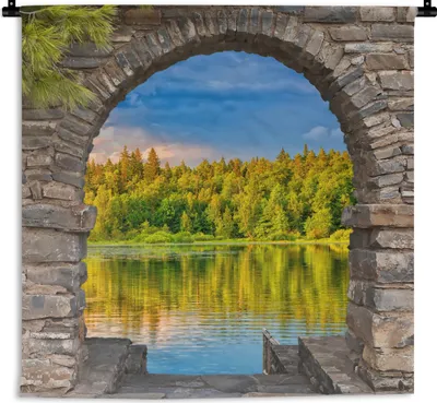 Produktbild von MuchoWow® Wandteppich Wandbehang Bäume - Wald - Wasser - Aussicht 90x90 cm Tapisserie Dekoration Wandtuch - Wandaufhänger
