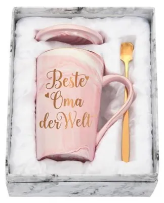 Zdjęcie produktu dla Filiżanka ceramiczna, różowa, 400 ml, z pokrywką i łyżeczką, idealna jako prezent dla babci