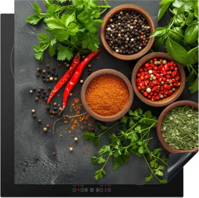 Produktbild von KitchenYeah© Herdabdeckplatte Kräuter - Paprika - Betonoptik , 78x78cm, Küche Deko, Glaskeramikkochfeld Herdabdeckung, Abdeckplatte fùr Kochfeld