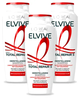 Imagen del producto de 3 unidades de champú L'Oréal Paris Elvive Total Repair 5, 250 ml cada uno. Paquete económico