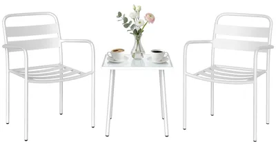 Produktbild von Bistroset 3 teiliges Metall Gartenmöbel-Set mit 2 Gartenstühlen, Glastisch, Lamellen-Design, Rostbeständig
