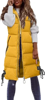 Produktbild von ASKSA Damen Daunenweste aermellose Lange Steppweste Winterjacke Mit Kapuze Mantel Daunenmantel, Gelb, XXL