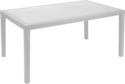 A white rectangular outdoor table with a rattan effect.