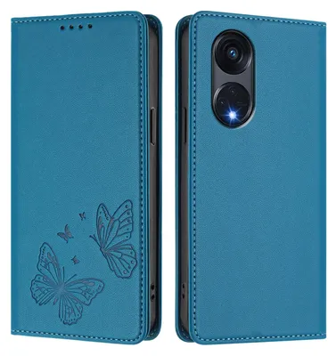 Produktbild von Lederhülle für Oppo Reno8 T 5G, Schmetterling Prägung Leder Brieftasche Schutzhülle mit Ständer Blau