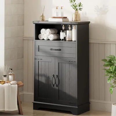 Immagine prodotto di Armadio contenitore da terra - Mobiletto da cucina autoportante - Con ante e cassetti - Armadio per il bagno o per la dispensa, da installare a pavimento - In legno - Nero