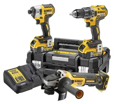 Image de Pack 3 outils 18V DEWALT DCK384P2T-QW : perceuse-visseuse à percussion DCD796, meuleuse Ø125mm DCG405 et visseuse à choc DCF887 avec 2 coffrets et 2 batteries