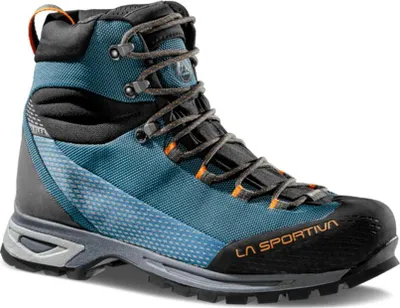 Bergschuh "Trango Trk GTX" von La Sportiva in Blau und Schwarz mit orangefarbenen Akzenten.
