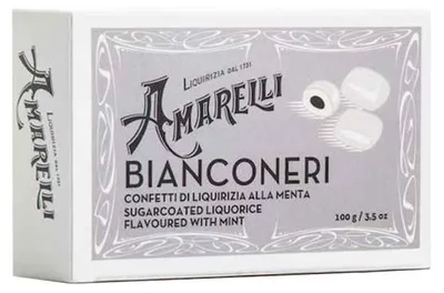 Produktbild von Amarelli Bianconeri, Lakritz mit Minzgeschmack und Zuckerüberzug, Box, 100 g, Amarelli Italien
