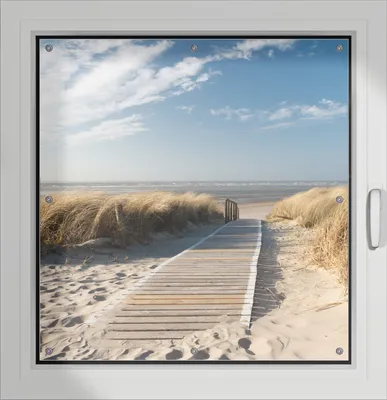 Produktbild von Wallario Lichtschutzbild, Dekorativer Sichtschutz Sonnenschutz 96 x 100 cm mit Motiv: Auf dem Holzweg zum Strand - Verdunklung ohne Bohren