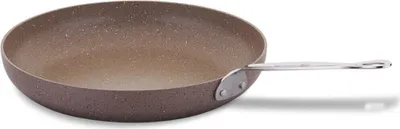 A brown frying pan with a silver handle is shown against a white background.