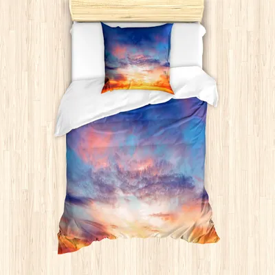 Produktbild von ABAKUHAUS Landschaft Mantele, Sonnenuntergang Wolkengebilde Himmel, Milbensicher Allergiker geeignet mit Kissenbezügen, 135 cm x 200 cm - 80 x 80 cm, Orange Blue