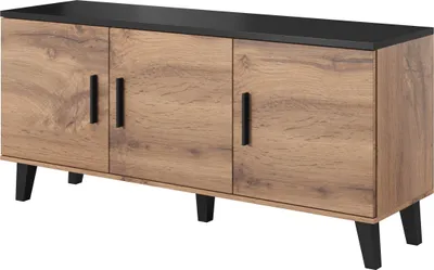 Produktbild von Furniture24 Kommode LOTTA Sideboard 150 cm breit mit 3 Türen Schrank Wohnzimmerschrank Wotan Eiche / Schwarz Wohnzimmer