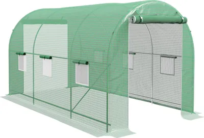 Image de Serre tunnel en plastique - Tunnel de jardin - 500x200x205 cm - Porte enroulable - 8 fenêtres - Vert