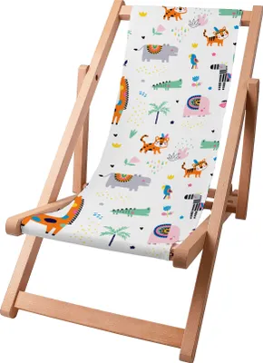 Produktbild von Dreamroots Kinder Liegestuhl klappbar Holz bis zu 130 kg, Sonnenliege klappbar mit 3-stufiger Neigungsregulierung der Rückenlehne, Happy Zoo