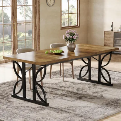 Image de Table de salle à manger 80 x 180 cm - Table de cuisine rectangulaire - Plateau en bois et piètement en métal - Pour 6 à 8 personnes - Style rustique rétro - Marron et noir