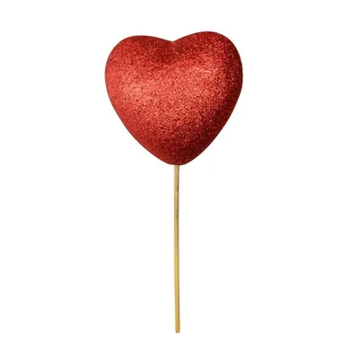A red glitter heart on a stick, isolated on a white background.