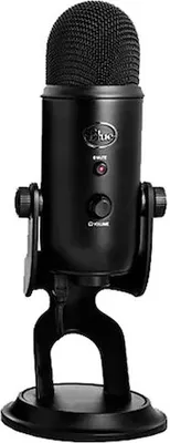 A black Blue Yeti USB microphone is shown on a white background.