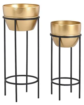 Produktbild von 2er-Set Übertöpfe mit Gestell - Metall - 25 x 61 und 30 x 77 cm - Goldfarben und Schwarz - NABA