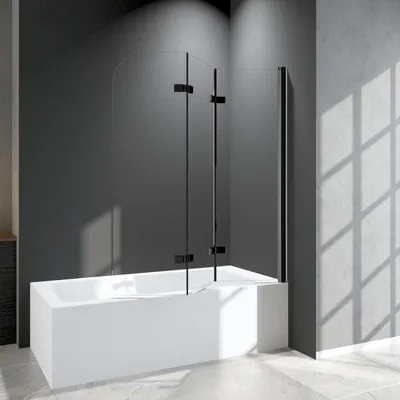 Produktbild von Duschabtrennung für Badewanne 3-teilig 120x140cm Faltbar Schwarz Duschwand, Glas Badewannenaufsatz Duschwand aus 6mm ESG NANO Sicherheitsglas, Badewannenfaltwand für Badewanne