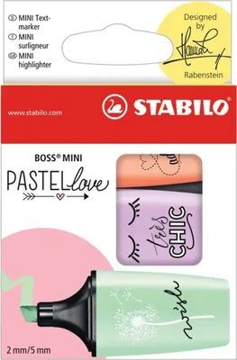 Zdjęcie produktu dla Rozświetlacz - STABILO BOSS MINI Pastellove - opakowanie 3 sztuk - kremowo-brzoskwiniowy kolor, fioletowy połysk, miętowa zieleń